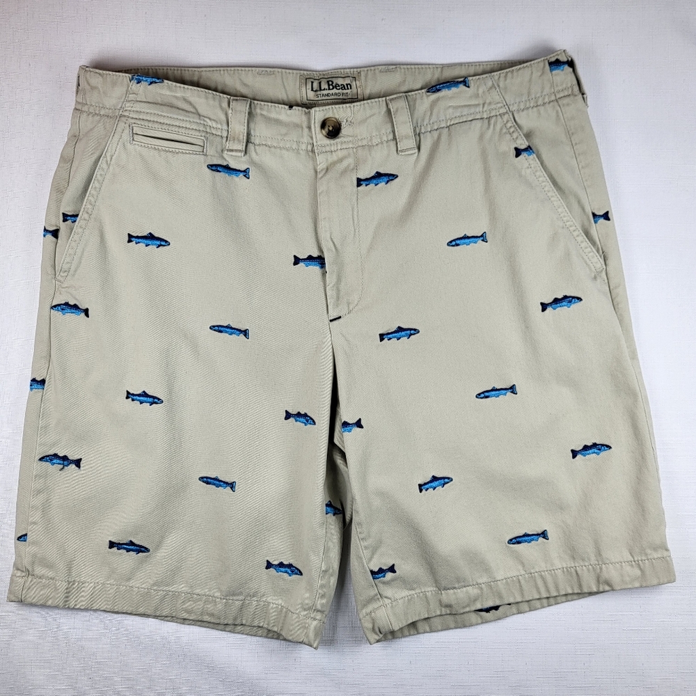 LL Bean SHORTS Mens Size 34 W Khaki Tan w Blue Fish Embroidered Chino Zip Cotton